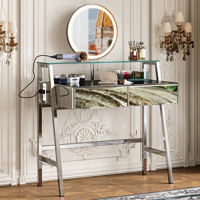 33.9'' Silver Dressing Table with Mirror and Lights, Vanity Table  with 2 Drawers, Open Shelf & Charging Station for Bedroom – Cuddlewood