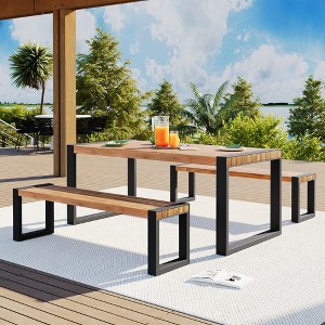 3pcs Patio Dining Set, Outdoor Dining Table With 2 Benches, Acacia Wood Top & Steel Frame, All Weather, Outdoor & Indoor, Natural -ModernLuxe - 1 of 4