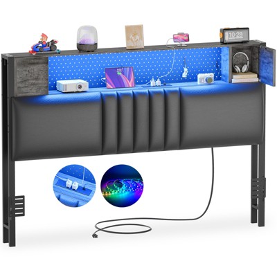 Aheaplus Upholstered Headboard with Storage Shelf and Small Cabinet, Headboard Power Outlet and LED Light