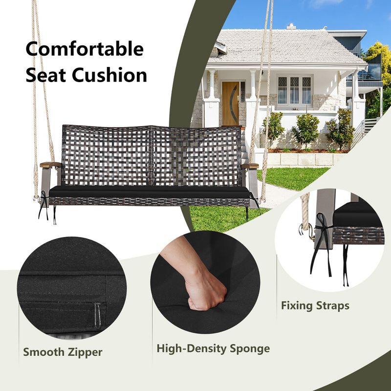 Tangkula 2-Seat Rattan Porch Swing Chair Outdoor Wicker Swing Bench W/ Seat Cushion, 5 of 10