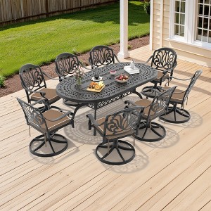 9-Piece Oval Cast Aluminum Outdoor Patio Dining Set with Swivel Chairs & Brown Cushions & Umbrella Hole - 1 of 4