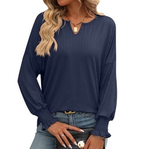 BLUEMING Womens Casual Shirts Long Lantern Sleeve Dressy V Neck Tunic Blouses Loose Business Work T-Shirts - 1 of 4