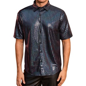 INSPIRE CHIC Men's Button Down Short Sleeve Party 70s Disco Costume Shirt - 1 of 4