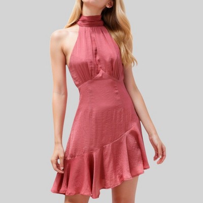 Anna-Kaci Women's Halter Neck Mini Dress with Asymmetrical Ruffle Hem and High Neck Detail - Large, Mauve Pink