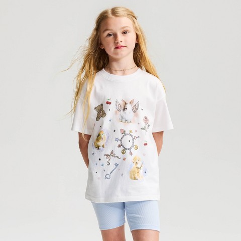Детские футболки Cat & Jack Girls' Short Sleeve 100% Cotton 'Animals' Oversized Graphic T-Shirt - Cat & Jack™ White L