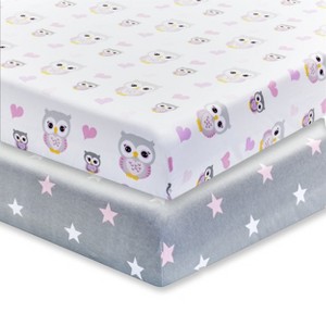 Everyday Kids 2-Pack Girls Fitted Crib Sheets – 100% Cotton Jersey – Owl & Heart Nature Theme in Pink, Purple & Gray – Fits Standard Crib - 1 of 4