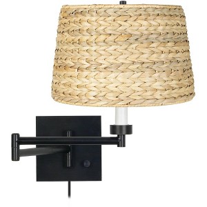 Franklin Iron Works Modern Swing Arm Wall Lamp Espresso Plug-In Light Fixture Woven Seagrass Drum Shade for Bedroom Living Room - 1 of 4