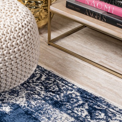 Navy and Ivory Rectangular Synthetic Medallion Area Rug