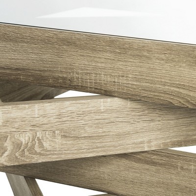Transitional Geometric 34" Square Wood and Glass Coffee Table in Beige