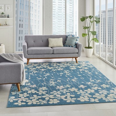 Handmade Turquoise Floral Viscose Rectangular 8' x 10' Rug