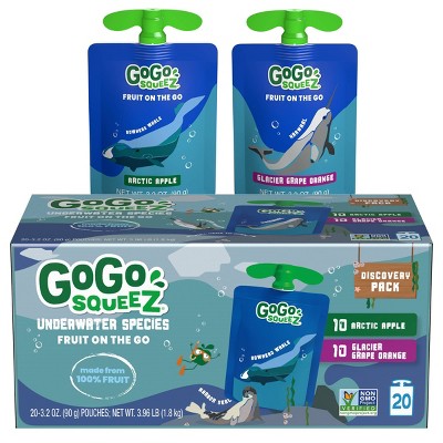 GoGo squeeZ Applesauce and Fruit Puree Discovery Variety Pack, Arctic Apple and Glacier Grape Orange - 3.2oz/20ct