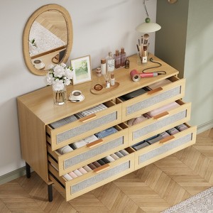 6 Drawer Dresser for Bedroom, 47'' Mid-Century Modern Storage Cabinet with Fabric Fronts, Boho Chest of Drawers,Oak Dressers for Bedroom, Living Room - 1 of 4