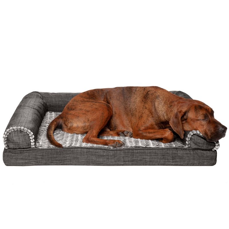 FurHaven Luxe Fur & Performance Linen Memory Foam Sofa Dog Bed, 1 of 6