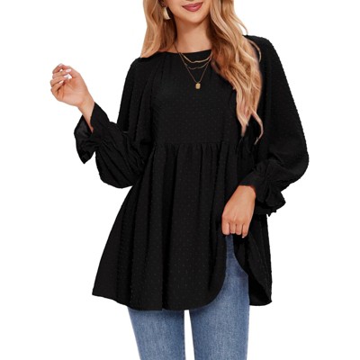 EXLURA Womens Long Sleeve Blouses Swiss Dot Babydoll Loose Fit Maternity Top 2025 Spring Fall Tunic Shirts Dressy Casual Tops White