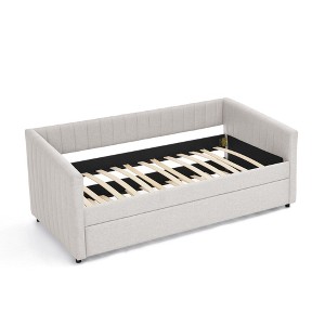 Gulches Twin Size Upholstered Daybed with Trundle Vertical Stripes Linen Fabric Beige for Bedroom Living Room Office Cafe - 1 of 4