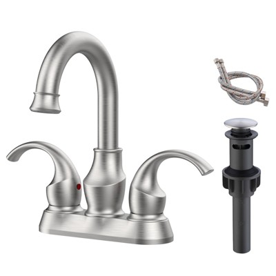 DOMETOUR 2-Handle Brushed Nickel Bathroom Faucet, 360° Rotating Spout, 4-Inch Centerset Vanity Sink with Pop-Up Drain & Hoses, FR4090-NP