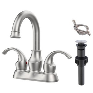 DOMETOUR 2-Handle Brushed Nickel Bathroom Faucet, 360° Rotating Spout, 4-Inch Centerset Vanity Sink with Pop-Up Drain & Hoses, FR4090-NP - 1 of 4