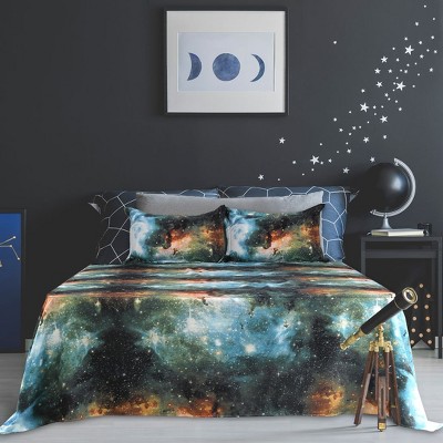 PiccoCasa Polyester Galaxy Stars Themed Bedding Sheet Sets with 2 Pillowcases Queen 4 Pcs Green Queen — фото 2