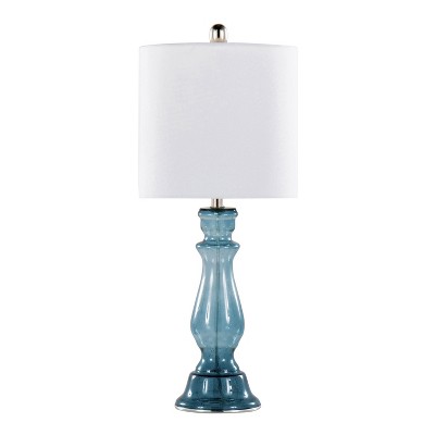 Set of 2 Blue Seeded Glass Table Lamps with White Linen Shade