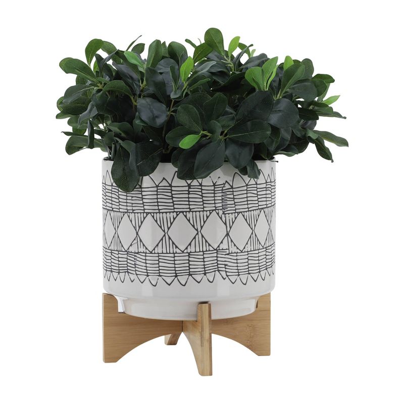 Geometric Ceramic Planter on Wooden Stand - Sagebrook Home, 4 of 12