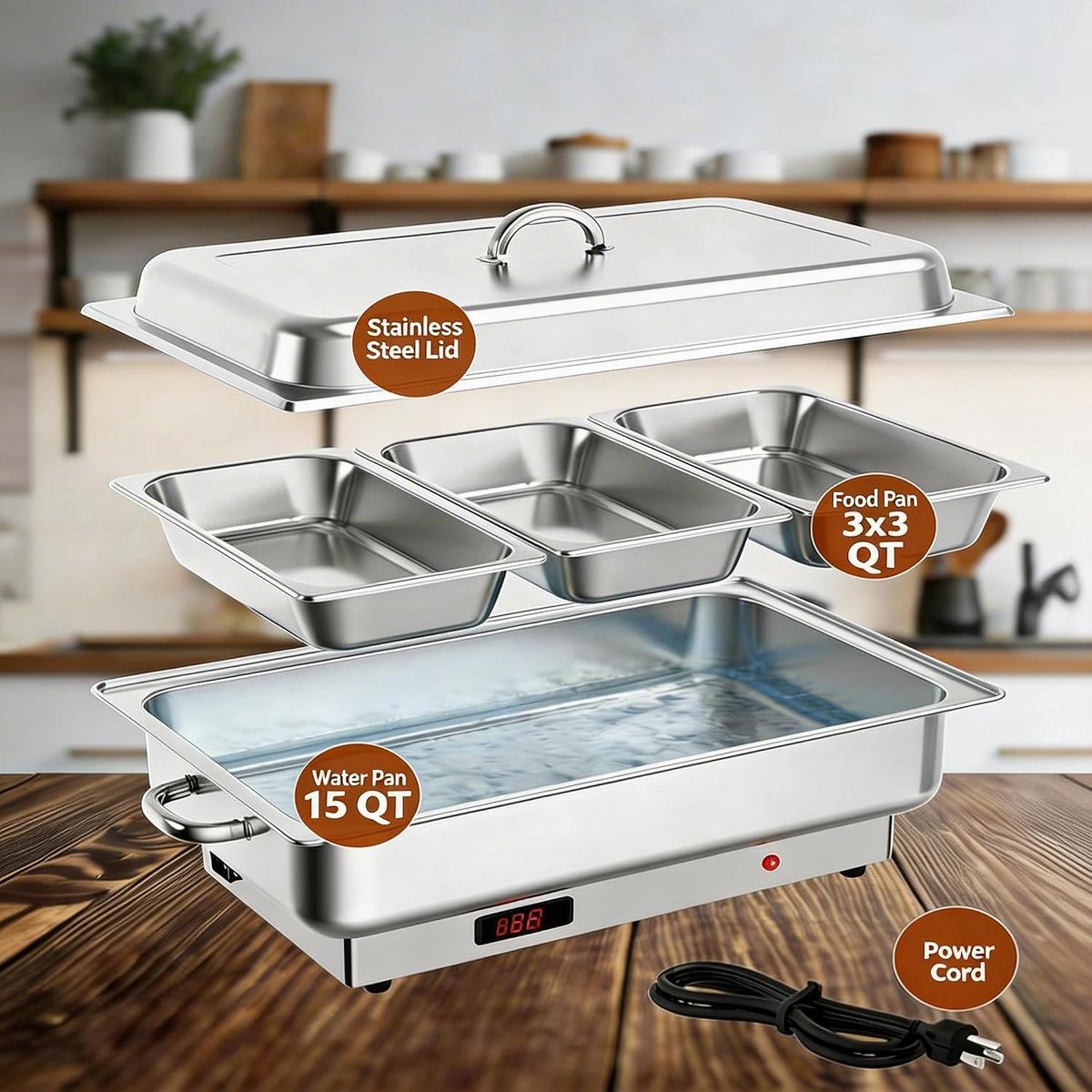 Electric Chafing Dish Buffet, 3 × 3 QT Food Warmer with Stainless Steel Lid, 400W Temperature Control 86-200°F Chafer For Catering Parties - thumbnail 3