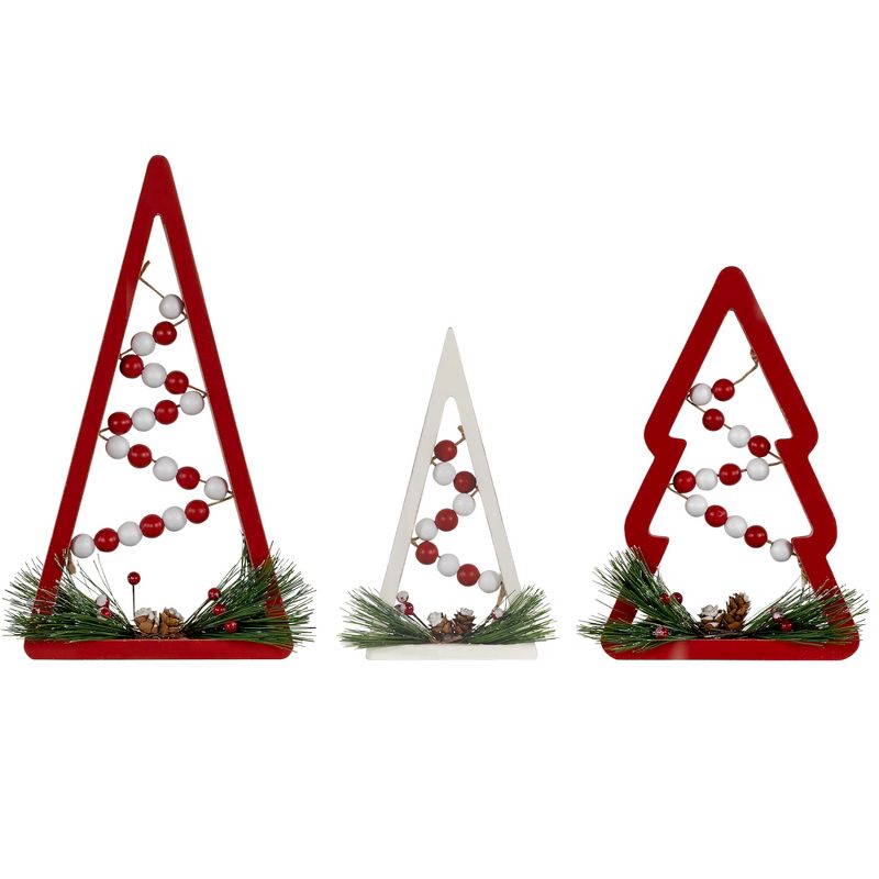 Northlight Set of 3 Red and White Beaded Christmas Trees Wooden Table Decorations 0.98 FT, 1 of 7