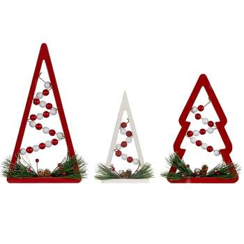 Northlight Set of 3 Red and White Beaded Christmas Trees Wooden Table Decorations 0.98 FT