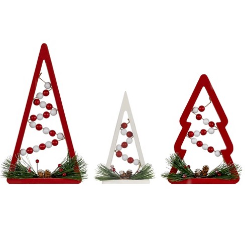 Northlight Set Of 3 Red And White Beaded Christmas Trees Wooden