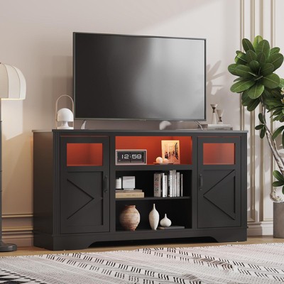 TV Stand with LED Lights, Farmhouse Entertainment Center for 55-65 Inches TV, TV Console Table with Storage Cabinets & Open Shelves for Living Room