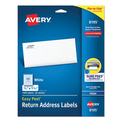 Avery Easy Peel White Address Labels w/ Sure Feed Technology, Inkjet Printers, 0.66 x 1.75, White, 60/Sheet, 25 Sheets/Pack