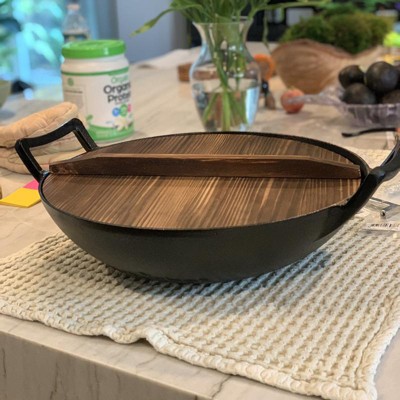 Homeries Pre-seasoned Cast Iron Wok With 2 Handled And Wooden Lid : Target