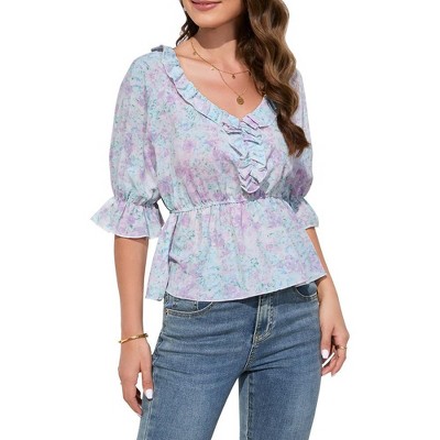 WhizMax Women's Blouse V Neck Half Sleeve Shirts Babydoll Tops Business Casual Lantern Sleeve Tunic Tops