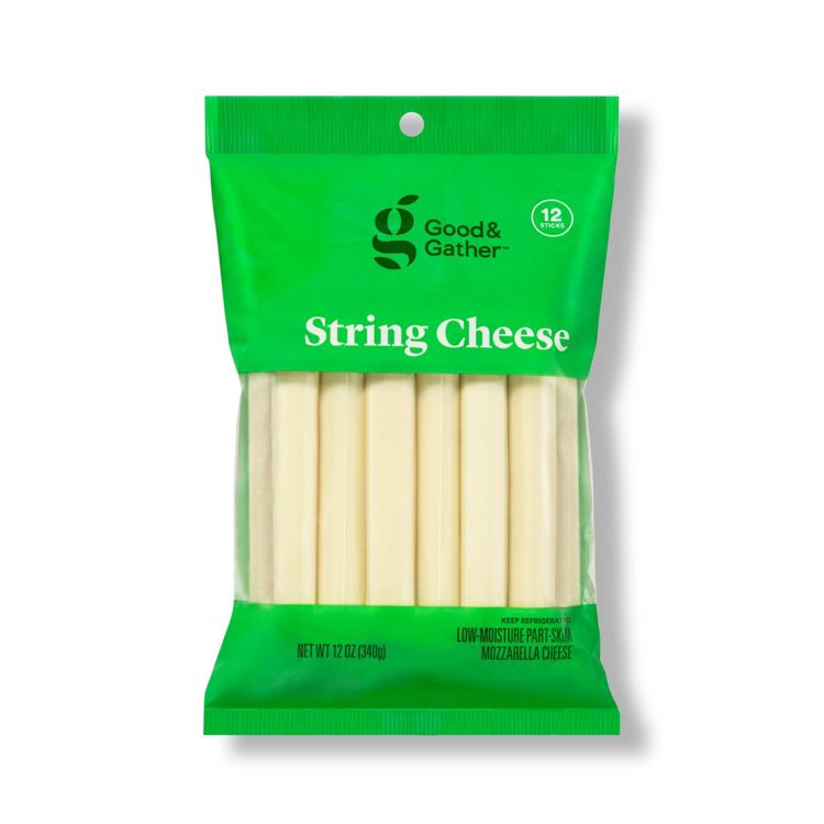 A green package of Good & Gather string cheese containing 12 sticks of low-moisture part-skim mozzarella cheese, net weight 12 oz (340g).