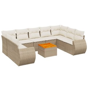 vidaXL 10 Piece Patio Sofa Set with Cushions Beige Poly Rattan - 2x corner + table + 5x middle - 1 of 4