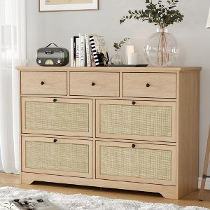 Brafab Rattan Dresser for Bedroom, 7 Drawer Mid-Century Natural Wood Dressers, Long Dresser TV Stand, Boho Closet Organizer Chests of Drawer - 1 of 4