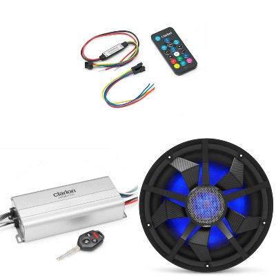Clarion Marine 4 Channel Amp & 12" Black Grill Boat Audio Upgrade Bundle ( Includes LED Remote )