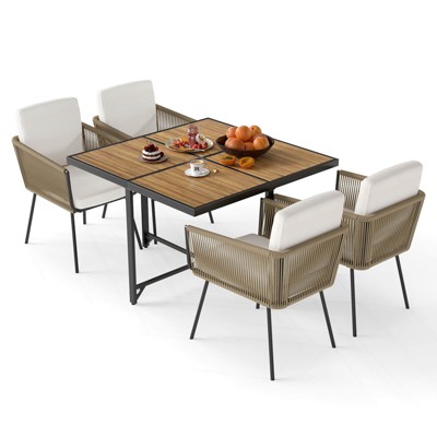 Tangkula Set Of 5 Patio Dining Set Outdoor Square Table and Chairs w/ Acacia Wood Tabletop PE Wicker Armrests and Cushions Patio Furniture Set