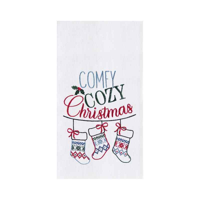 C&F Home Winter "Comfy Cozy Christmas" Sentiment Featuring Hanging Stockings Cotton Flour Sack Kitchen Dish Towel  27L x 18W in., 1 of 5