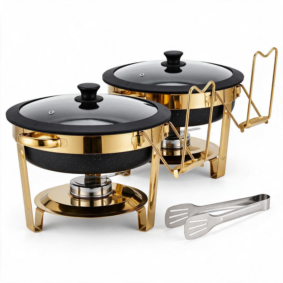 5QT Black Stainless Steel Chafing Dishes Set with Maifanite-Coated, Glass Lid, Drip Tray and Bonus Food Tong, Food Warmers for Buffet Party Catering