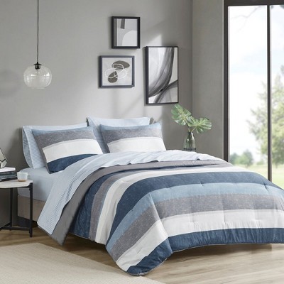 Paaaawaters Stripe Comforter Set with Bed Sheets Blue/Grey Full