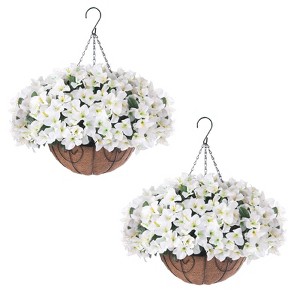 2 Set Artificial Outdoor Geraniums Flowers with Brown Basket, Hanging Flowers,12 Pcs Geraniums Flowers for Christmas,Front Porch,Garden,Patio Decor - 1 of 4