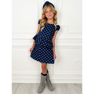 Polka Dot Peplum Denim Top and Skirt Set Mia Belle Girls