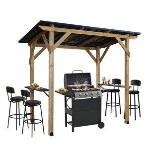Aoodor 8' x 5' Wooden Grill Gazebo,  Outdoor Hardtop Gazebo with Sloping Metal Roof and 2 Side Shelves, Fits Most Grills, BBQ Canopy - 1 of 4