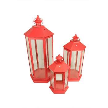 Christmas Central Set of 3 Red Traditional Style Pillar Candle Holder Lanterns 27"
