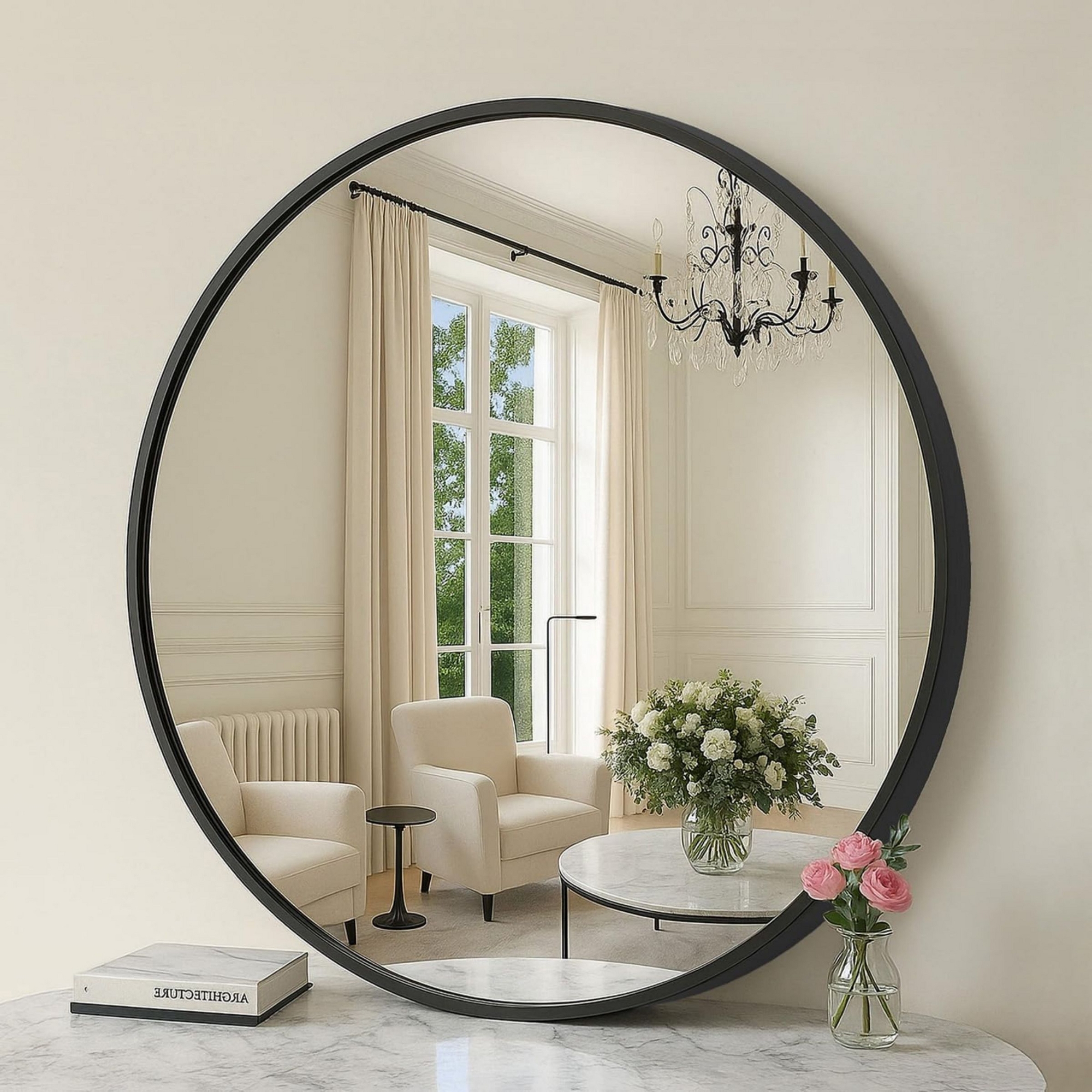SEVOBAL Round Mirror 24" Wall Mounted Circle Mirror Metal Framed Mirror Bathroom Vanity Bedroom Home Decor Mirros Over Sink, Black, 23.9"*23.9"*0.7"