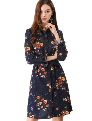 INSPIRE CHIC Women's Lapel Button Down Belted Mini Vintage Polka Dots Floral Shirt Dress