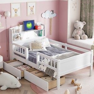 KIGFTSOD Wood Twin Size Platform Bed with Built-in LED Light, Multi-functional Headboard, Guardrail and 2 Drawers - 1 of 4