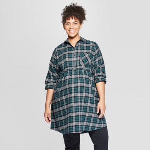 Maternity Long Sleeve Plus Size Plaid Flannel Popover Tunic - Isabel Maternity by Ingrid & Isabel Green 2X, Women