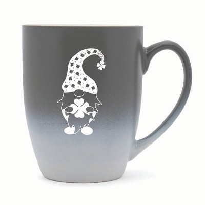 Elanze Designs Gnome With Clover Pattern On Hat Two Toned Ombre Matte 10 ounce New Bone China Coffee Tea Cup Mug, Gray and White