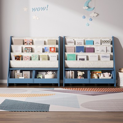 Kids Bookshelf and Toy Storage Organizer, Multifunctional 4 Tier Wooden Kids Book Shelf with Bookcase Display Stand in Kids Room
